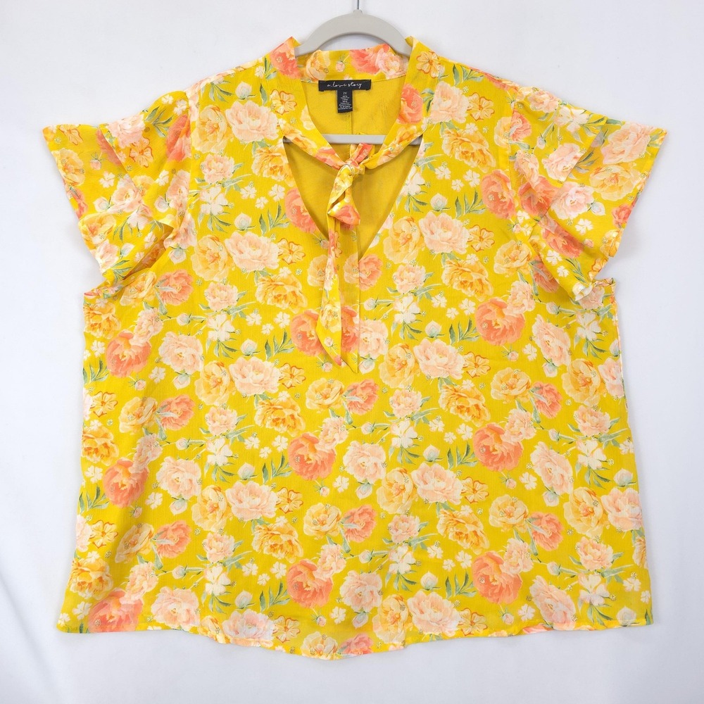 A Love Story Blouse Women 2X Yellow Peach Floral Glitter Tie Neck Flutter Sleeve